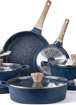 Country Kitchen Non-Stick Cast Aluminum Cookware Set - Durable Kitchen Cookware for Everyday Cooking, Navy, 11 Pc.