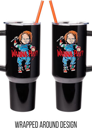 Silver Buffalo Chucky Holding Knife Wanna Play Spooky Scary Stainless Steel Tumbler with Handle and Straw, Fits in Standard Cup Holder, 40 Ounces