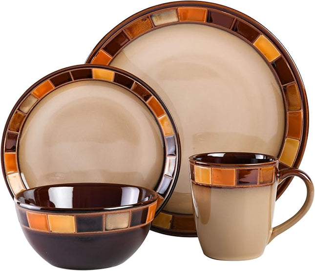 Gibson Casa Estebana 16-Piece Dinnerware Set, Service for 4 – Beige and Brown Stoneware Plates and Bowls