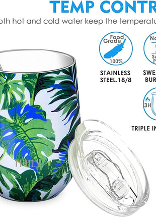 THILY Stemless Wine Tumbler Vacuum Insulated 12 oz Triple-Insulated Stainless Steel Wine Glass with Lid, Straw, Keep Cold for Coffee, Cocktails, Green Plants