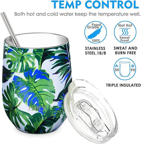 THILY Stemless Wine Tumbler Vacuum Insulated 12 oz Triple-Insulated Stainless Steel Wine Glass with Lid, Straw, Keep Cold for Coffee, Cocktails, Green Plants