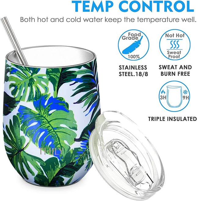 THILY Stemless Wine Tumbler Vacuum Insulated 12 oz Triple-Insulated Stainless Steel Wine Glass with Lid, Straw, Keep Cold for Coffee, Cocktails, Green Plants
