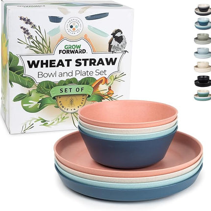 Grow Forward Premium Wheat Straw Plates and Bowls Sets - 8-Piece Wheat Straw Dinnerware Sets - Unbreakable & Reusable Microwave Safe Plastic Dinner Plates for Outdoors, RV, Camping Dishes - Tropical