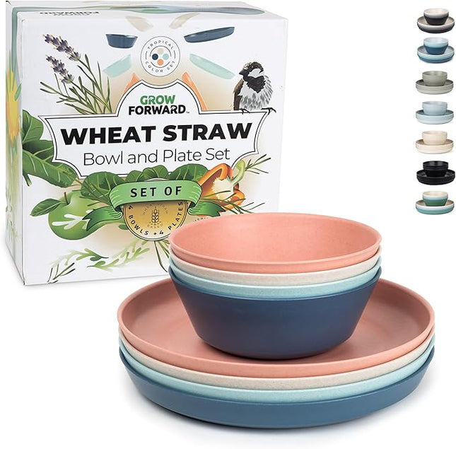Grow Forward Premium Wheat Straw Plates and Bowls Sets - 8-Piece Wheat Straw Dinnerware Sets - Unbreakable & Reusable Microwave Safe Plastic Dinner Plates for Outdoors, RV, Camping Dishes - Tropical