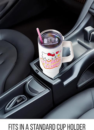 Silver Buffalo Sanrio Hello Kitty Name and Hearts Stainless Steel Tumbler with Handle and Straw, Fits in Standard Cup Holder, 40 Ounces
