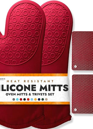 HOMWE Silicone Oven Mitts and Pot Holders, 4-Piece Set, Heavy Duty Cooking Gloves, Kitchen Counter Safe Trivet Mats, Advanced Heat Resistance, Non-Slip Textured Grip (Red)