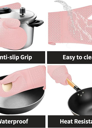 Hovico Silicone Oven Mitts, Heat Resistant 500F Kitchen Mitts 2PCS, 11.6" BPA-Free Soft Baking Gloves, Non-Slip Grip Oven Gloves with Soft Cotton Lining for Kitchen Cooking Baking BBQ - Pink
