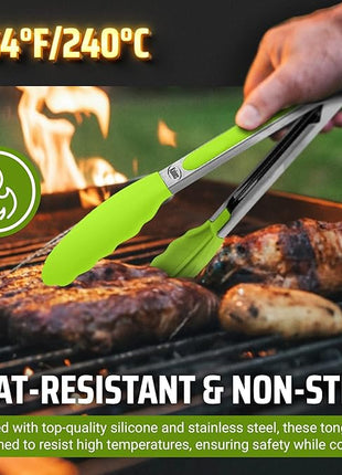 Kaluns Kitchen Tongs for Cooking Grilling Set of 4, BBQ Grill Tongs With Silicone Tip Stainless Steel Heat Resistant, Non-stick Pull Lock, Incl 7, 9, 12 Inch Tong Plus a Silicone Spatula