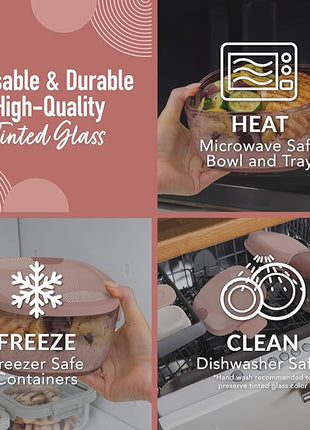 Bentgo Glass Prints All-in-One Salad Container - 61oz Tinted Glass Salad Bowl with Lid, Bento-Style Tray, Sauce Container, & Reusable Fork - Dishwasher & Microwave Safe (Mod Curve - Desert Rose)