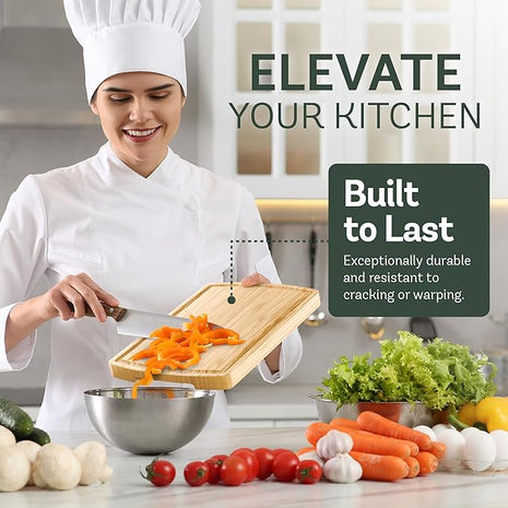 Bambüsi Wood Cutting Boards for Kitchen - Bamboo Cutting Board Set with Deep Juice Groove & Side Handles - Chopping Board Butcher Block for Meat, Vegetables, Charcuterie, Cheese, Serving, or Meal Prep