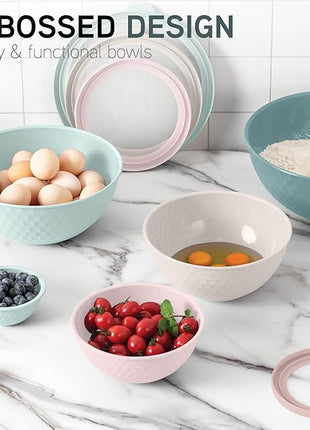 COOK WITH COLOR Mixing Bowls with Lids - 12 Piece Plastic Nesting Bowls Set includes 6 Prep Bowls and 6 Lids, Non Slip Bottom and Embossed Design - Microwave Safe (Teal)