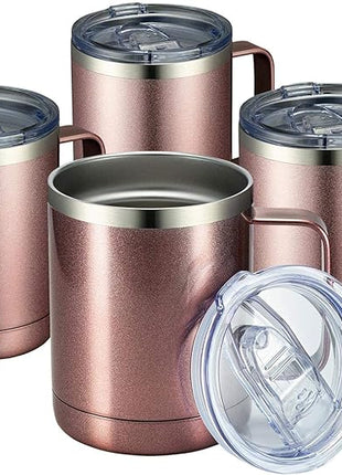 MEWAY 12oz Coffee Mug With Handle 4 Pack Bulk,Stainless Steel Insulated Travel Tumblers With Sliding Lid,Double Wall Vacuum Camping Cup for Hot & Cold Drinks Tea (Rose Gold,Set of 4)