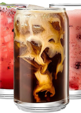 Le'raze Set of 6 Can Shaped Margarita Drinking Glasses Goblet - 16oz Clear Cups for Cocktails, Iced Coffee, Tea, Soda, Whiskey and Beer