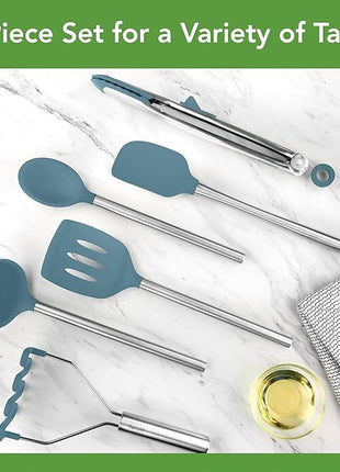 Tovolo Silicone Cooking Utensil Set of 6 Blue Slate Ladle Slotted Turner Tongs Flex Core Spatula Scraper Mixing Spoon and Potato Masher, Dishwasher Safe BPA Free Silicone Kitchen Utensils