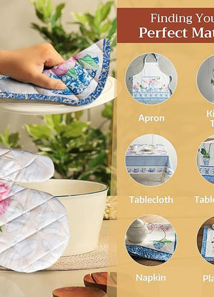 Maison d' Hermine 100% Cotton Oven Mitt & Pot Holder Set (7.5"x13" & 8"x8") Heat Resistant BBQ Cooking Gloves with Loop, Baking, Grilling, Kitchen, Handling Hot Pans Spring/Summer (Canton)