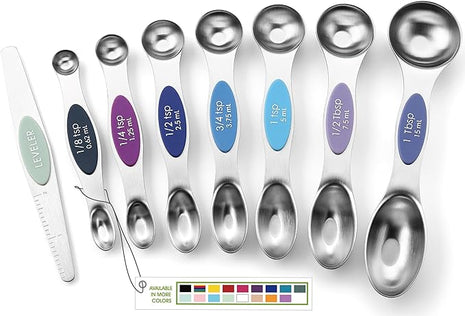 Spring Chef Stainless Steel Magnetic Measuring Spoons Set of 8 with Leveler, Dual Sided Metal Teaspoon & Tablespoon Measuring Spoons, Nesting Kitchen Gadgets for Baking & Cooking - Winter Frost