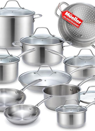 Mueller Pots and Pans Set 17-Piece, Ultra-Clad Pro Stainless Steel Cookware Set, Ergonomic EverCool Handle, Induction Cookware, Includes Saucepans, Skillets, Dutch Oven, Stockpot, Steamer For Cooking