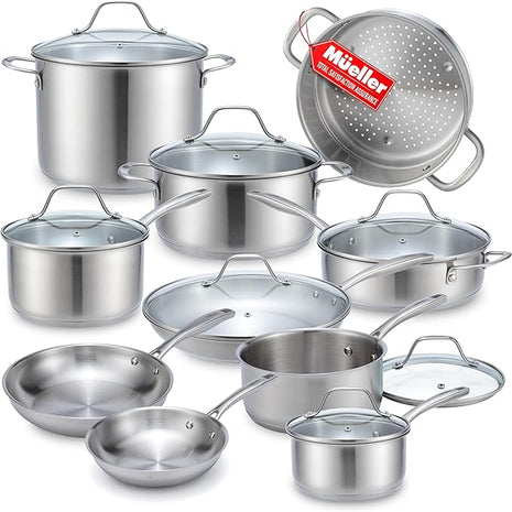 Mueller Pots and Pans Set 17-Piece, Ultra-Clad Pro Stainless Steel Cookware Set, Ergonomic EverCool Handle, Induction Cookware, Includes Saucepans, Skillets, Dutch Oven, Stockpot, Steamer For Cooking