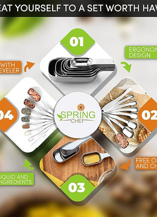 Spring Chef Stainless Steel Measuring Spoons Set of 8 with Leveler, Metal Teaspoon & Tablespoon Measuring Spoons for Dry & Liquid Ingredients, Fits in Spice Jars - Kitchen Gadgets For Baking & Cooking