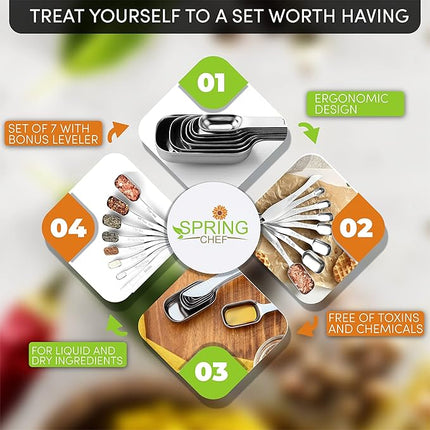 Spring Chef Stainless Steel Measuring Spoons Set of 8 with Leveler, Metal Teaspoon & Tablespoon Measuring Spoons for Dry & Liquid Ingredients, Fits in Spice Jars - Kitchen Gadgets For Baking & Cooking