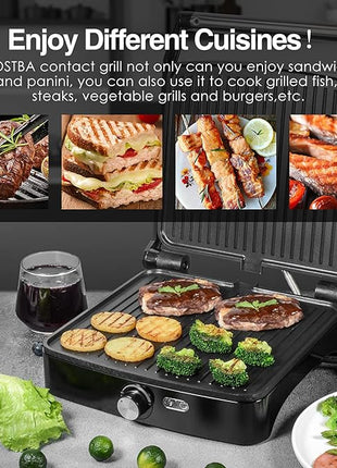 OSTBA Panini Press Grill Indoor Sandwich Maker with Temperature Setting, 4 Slice Large Non-stick Versatile Grill, Opens 180 Degrees to Fit Any Type or Size of Food, Removable Drip Tray, 1200 W