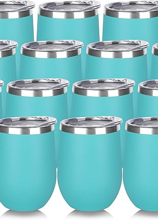 DOMICARE Stainless Steel Wine Tumbler Bulk with Lid, Personalized Insulated Tumblers Set, 12oz Travel Coffee Cups Pack of 16, Light Blue