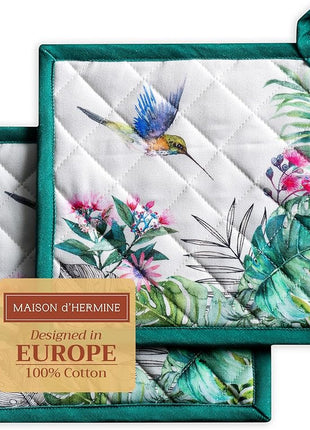 Maison d' Hermine Pot Holders Set 100% Cotton Heat Resistant Potholders 8" x 8" Hot Pads with Loop BBQ, Cooking, Baking, Grilling, Kitchen, Handling Hot Pans Spring/Summer (Pack of 2, Tropiques)