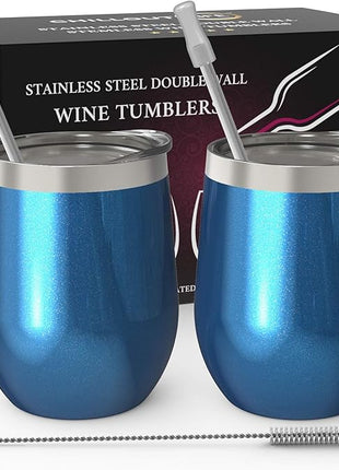 CHILLOUT LIFE 12 oz Stainless Steel Wine Tumblers 2 Pack - Double Wall Vacuum Insulated Wine Glasses Cups with Lids and Straws Set Keeping Cold & Hot for Coffee, Beer, Ice Cream - Blue Sparkle