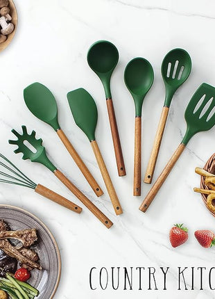 Country Kitchen Non Stick Silicone Utensil Set with Rounded Wood Handles for Cooking and Baking, 8 Piece Set, Green