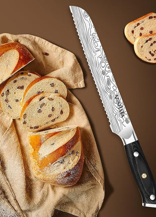 MOSFiATA Bread Knife 8” Ultra Sharp Serrated Knife, German High Carbon Stainless Steel EN1.4116 Bread Slicer with Bread Lame, Micarta Handle, For Bread, Cake, Bagels