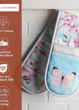 Maison d' Hermine Double Oven Mitts 100% Cotton 7"x35" Double Oven Mitt Heat Resistant BBQ Cooking Gloves with Loop, Baking, Grilling, Kitchen, Handling Hot Pans Spring Summer (Blossoms in Spring)