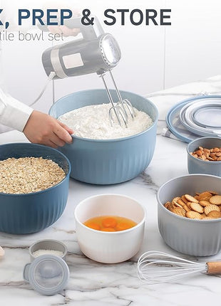 COOK WITH COLOR Prep Bowls with Lids- Wide and Deep Nesting Plastic Small Mixing Bowl Set with Lids, 12 Piece Set - Deep Bowls, Blue/Grey
