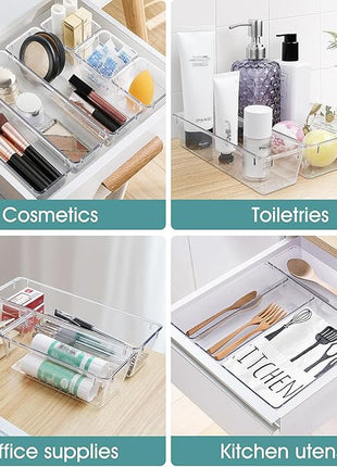 WOWBOX 25 PCS Clear Plastic Drawer Organizer Set, 4 Sizes Desk Drawer Divider Organizers and Storage Bins for Makeup, Jewelry, Gadgets for Kitchen, Bedroom, Bathroom, Office