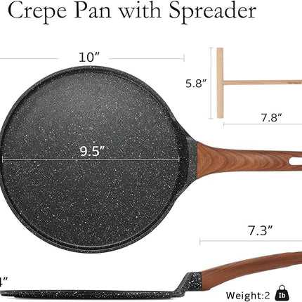 ESLITE LIFE 9.5 Inch Crepe Pan with Spreader, Nonstick Ceramic Flat Skillet Dosa Tawa Comales Para Tortillas Pancake Pan, PTFE & PFOA Free, Black
