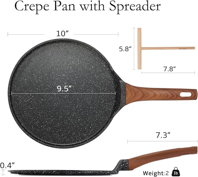 ESLITE LIFE 9.5 Inch Crepe Pan with Spreader, Nonstick Ceramic Flat Skillet Dosa Tawa Comales Para Tortillas Pancake Pan, PTFE & PFOA Free, Black