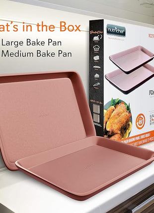 NutriChef 2-Piece Nonstick Cookie Sheets for Baking - Premium Medium & Large Size Baking Sheet Set - Thick Carbon Steel Bakeware Trays - Dishwasher Safe, Rose Gold