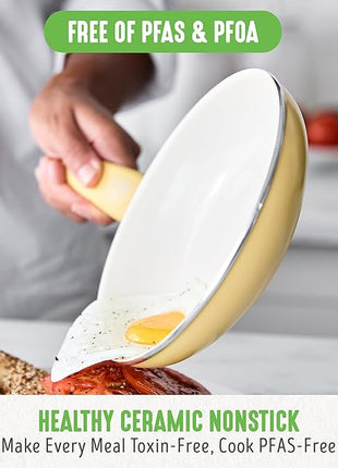 GreenLife Soft Grip Healthy Ceramic Nonstick 18 Piece Kitchen Cookware Pots and Frying Sauce Saute Pans Set, PFAS-Free with Kitchen Utensils and Lid, Dishwasher Safe, Yellow