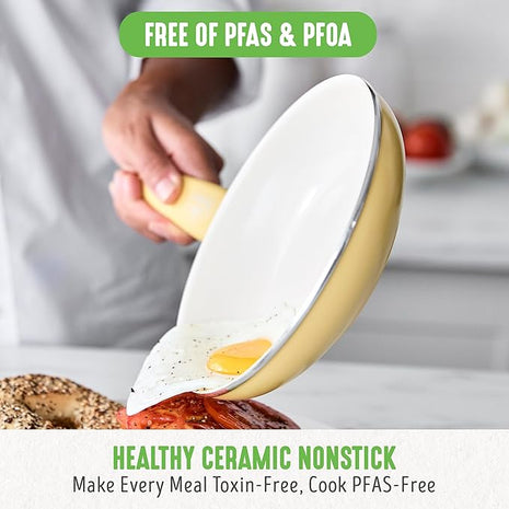 GreenLife Soft Grip Healthy Ceramic Nonstick 18 Piece Kitchen Cookware Pots and Frying Sauce Saute Pans Set, PFAS-Free with Kitchen Utensils and Lid, Dishwasher Safe, Yellow