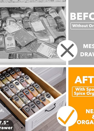 SpaceAid Spice Drawer Organizer with 20 Spice Jars, 386 Spice Labels, 4 Tier Seasoning Rack Tray Insert for Kitchen Drawers, 9-1/2" Wide x 17-1/2" Deep