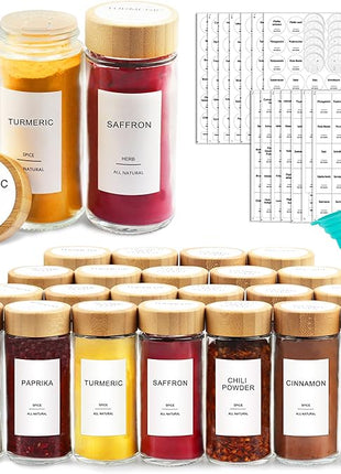 AISIPRIN Glass Spice Jars with 398 Labels-4oz 24 Pcs,Round Seasoning Jars with Bamboo Airtight Lids,Spice Container Set -Shaker Lids, Funnel,Brush and Marker Included