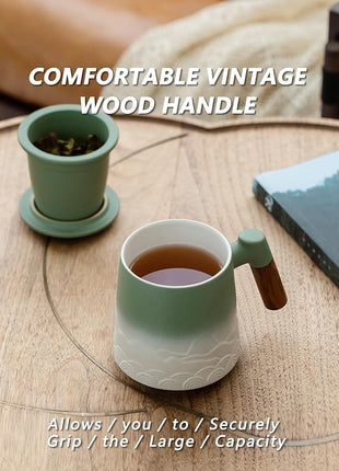 ZENS Tea Mug with Infuser and Lid for Loose Leaf Steeper, 16.9 oz Embossed Ceramic Tea Cup with Fine Tea Strainers, Wood Handle Large Tea Diffusers Mugs for Tea Lovers Gifts