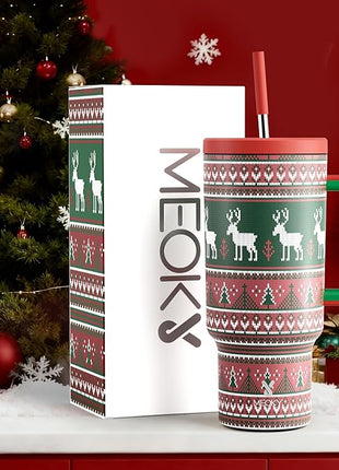 Meoky 40 oz Christmas Tumbler with Handle and Straw, Xmas Tumbler with Lid and Straw, Insulated Stainless Steel Travel Mug, Christmas Gifts for Women Men Adults (Jolly Reindeer)