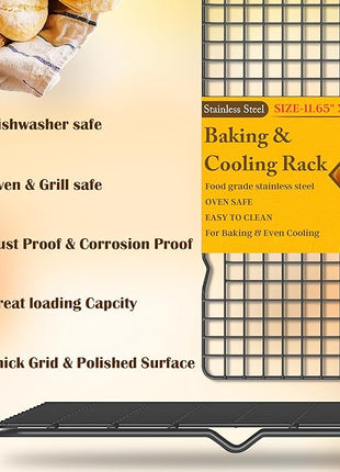 2PCS Cooling Racks for Cooking and Baking -11.65''x16.85''Heavy Duty Stainless Steel Wire Rack for Baking, Grilling, Roasting - Oven & Dishwasher Safe - Fits Half Sheet Pan（Black）