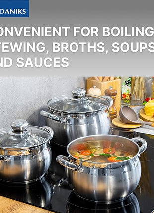 Daniks Classic 6-Piece Stainless Steel Induction Cookware Set – Dishwasher Safe Pots with Lids, Measuring Scale, Silver