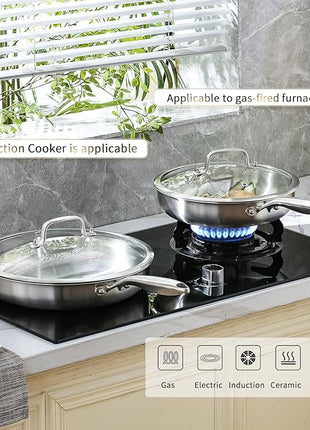 DELARLO Tri-ply Stainless Steel Frying Pan Set with Lid 8" 10" 12" Induction large Skillets Chef's Pan,Pots and Pans Set Kitchen Cookware Set Suitable for All Stove