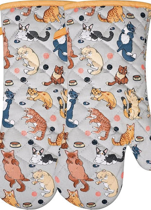 Oven Mitts Cotton Fashion Cute Cat Design 1pair Heat Resistant Oven Gloves Safe Cooking Baking Grilling Barbecue Machine Washable Pot Holders (Cat)