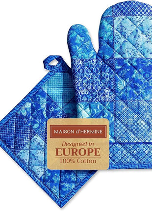Maison d' Hermine 100% Cotton Oven Mitt & Pot Holder Set (7.5"x13" & 8"x8") Heat Resistant BBQ Cooking Gloves with Loop, Baking, Grilling, Kitchen, Handling Hot Pans Spring/Summer (Indigo Love)