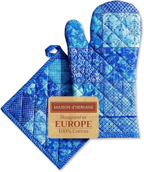 Maison d' Hermine 100% Cotton Oven Mitt & Pot Holder Set (7.5"x13" & 8"x8") Heat Resistant BBQ Cooking Gloves with Loop, Baking, Grilling, Kitchen, Handling Hot Pans Spring/Summer (Indigo Love)
