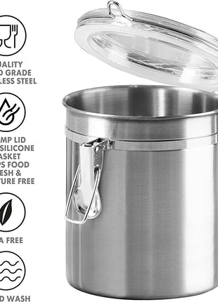 Oggi Set of 4 Stainless Steel Kitchen Canisters - Airtight Clamp Lid, Clear See-Thru Top - Ideal for Kitchen Storage, Food Storage, Pantry Storage - Includes 1 each: 26oz, 36oz, 47oz, 62oz.