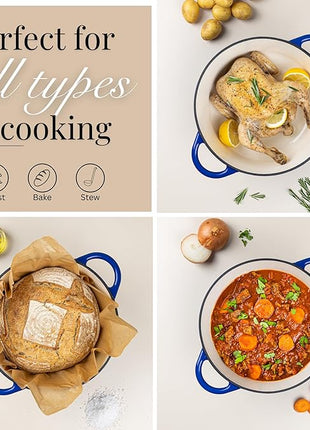 Nuovva Enamelled Cast Iron Dutch Oven Pot with Lid – 6.4 Quart Non Stick Casserole Pot – Heavy Duty & Oven Safe up to 500° F for Bread Baking, Braising, Stews, Roasting – 28cm Dark Blue